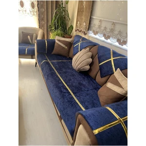 Yeni Moda Lüks Kadife Süngerli Koltuk Çekyat Örtüsü (12 Parça Takım 3,3,1,1) Lacivert