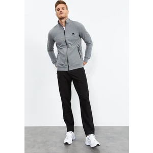 Tommy Life Gri Melanj - Siyah Dik Yaka Fermuarlı Standart Kalıp Klasik Paça Erkek Eşofman Takımı - 85152