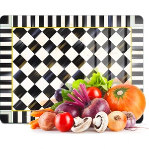 Cam Kesme Tahtası ve Sunumluk ve Sunum Tabağı Mackenzie Siyah Beyaz Damalı 30X40 cm