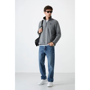 Tommy Life Gri Melanj Yarım Fermuarlı Sweatshirt Slim Fit Dik Yaka Erkek Polar - 87891