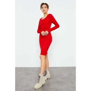 Tommy Life Kırmızı Kaşkorse Triko Dar Kalıp Patlı Yaka Kadın Elbise - 97116