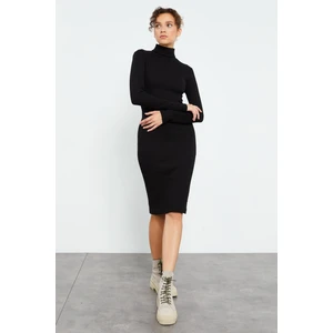 Tommy Life Siyah Kaşkorse Triko Dar Kalıp Balıkçı Yaka Kadın Elbise - 97117
