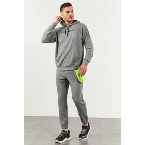 Tommy Life Gri Melanj Kapüşonlu Kanguru Cep Lastik Paça Erkek Oversize Eşofman Takımı - 85117