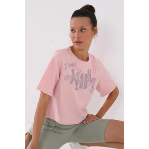 Tommy Life Pembe Asimetrik Yazı Baskılı O Yaka Kadın Oversize T-Shirt - 97136
