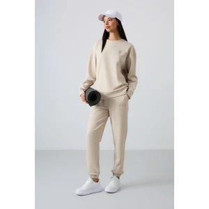 Tommy Life Bej O Yaka Oversize Lastik Paça Kadın Eşofman Takım - 95287