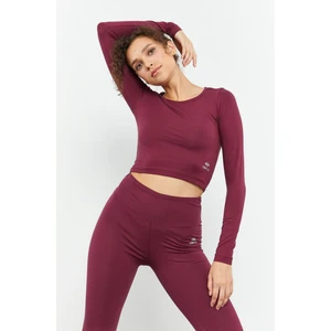 Tommy Life Bordo Uzun Kollu Dar Kalıp  O Yaka Kadın Crop Top T-Shirt - 97150