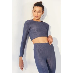 Tommy Life Petrol Kendinden Desenli O Yaka Uzun Kol Kadın Crop Top T-Shirt - 97153