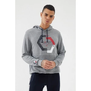 Tommy Life Gri Melanj Geometrik Baskılı Standart Kalıp Kapüşonlu Erkek Sweatshirt - 87870