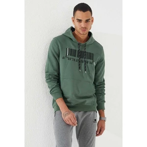 Tommy Life Yeşil Nakışlı Kanguru Cep Standart Kalıp Kapüşonlu Erkek Sweatshirt - 87839