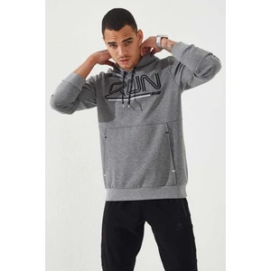 Tommy Life Gri Melanj Yazı Nakışlı Standart Kalıp Kapüşonlu Erkek Sweatshirt - 87887