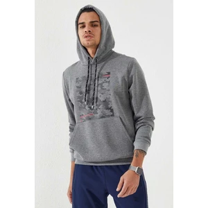Tommy Life Gri Melanj Kamuflaj Desen Baskılı Standart Kalıp Kapüşonlu Erkek Sweatshirt - 87884