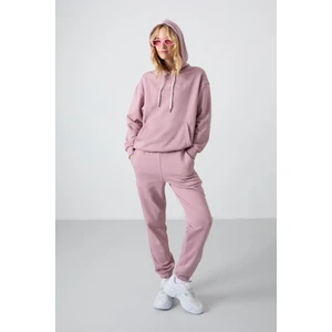 Tommy Life Gül Kurusu Kapüşonlu Kanguru Cep Oversize Lastik Paça Kadın Eşofman Takımı - 95288
