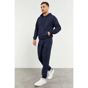 Tommy Life İndigo Kapüşonlu Kanguru Cep Lastik Paça Erkek Oversize Eşofman Takımı - 85117