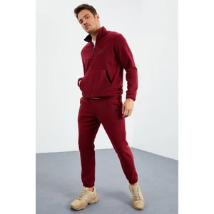 Tommy Life Erguvan Yarım Fermuar Dik Yaka Lastik Paça Polar Erkek Eşofman Takımı - 85159