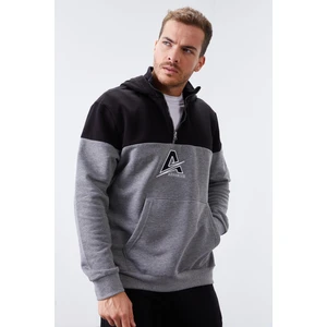 Tommy Life Gri Melanj Erkek Yarım Fermuar Standart Kalıp Kapüşonlu Sweatshirt - 88033