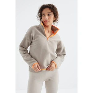 Tommy Life Koyu Bej Yarım Fermuar Etek Ucu Büzgülü Dik Yaka Oversize Kadın Polar Sweatshirt - 97234
