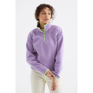 Tommy Life Açık Eflatun Yarım Fermuar Etek Ucu Büzgülü Dik Yaka Oversize Kadın Polar Sweatshirt - 97234