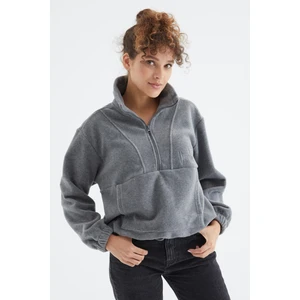 Tommy Life Gri Melanj Yarım Fermuar Etek Ucu Büzgülü Kadın Polar Oversize Sweatshirt - 97171