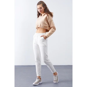 Tommy Life Ekru Yüksek Bel Jogger Rahat Form Dar Paça Kadın Eşofman Alt - 94566