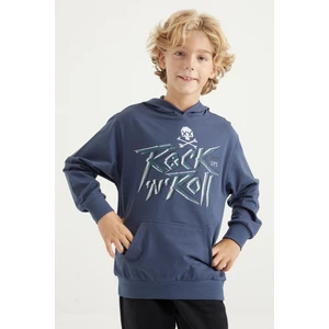 Tommy Life Petrol Yazı Baskılı Kanguru Cepli Kapüşonlu Standart Kalıp Erkek Çocuk Sweatshirt - 11002