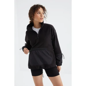 Tommy Life Siyah Etek Ucu Büzgülü Yarım Fermuarlı Oversize Kadın Polar Sweatshirt - 97238