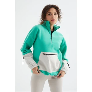 Tommy Life Deniz Yeşili Etek Ucu Büzgülü Yarım Fermuarlı Oversize Kadın Polar Sweatshirt - 97238