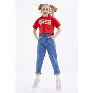 Tommy Life Nar Çiçeği Oversize Renkli Yazı Baskılı Düşük Omuz O Yaka Kız Çocuk Crop T-Shirt  - 75038