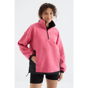 Tommy Life Şeker Pembe Yarım Fermuar Etek Ucu Büzgülü Dik Yaka  Oversize Kadın Polar Sweatshirt - 97236