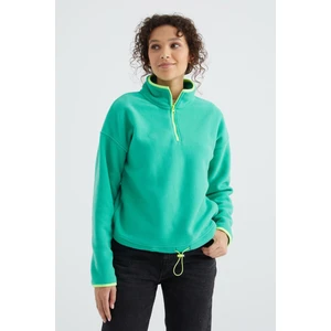 Tommy Life Deniz Yeşili Yarım Fermuar Etek Ucu Büzgülü Dik Yaka Oversize Kadın Polar Sweatshirt - 97234