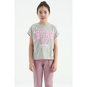 Tommy Life Gri Melanj O Yaka Düşük Omuzlu Rahat Form Kısa Kollu Kız Çocuk T-Shirt - 75128