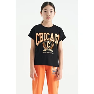 Tommy Life Siyah O Yaka Düşük Omuzlu Rahat Form Kısa Kollu Kız Çocuk T-Shirt - 75128