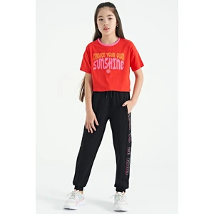 Tommy Life Siyah Yan Yazı Nakışlı Bağcıklı Standart Kalıp Jogger Kız Çocuk Eşofman Alt - 75123