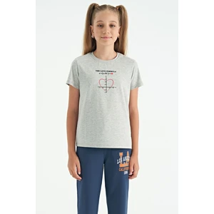 Tommy Life Gri Melanj O Yaka Baskı Detaylı Rahat Kalıp Kız Çocuk T-Shirt - 75129