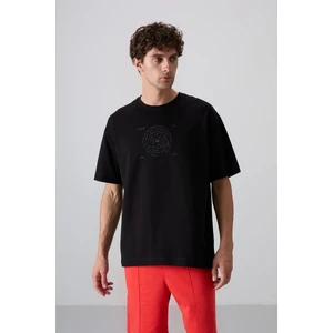 Tommy Life Siyah Pamuklu Kalın Yumuşak Dokulu Oversize Fit Baskılı Erkek T-Shirt - 88324