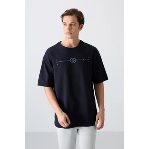 Tommy Life Lacivert Pamuklu Kalın Yumuşak Dokulu Oversize Fit Baskılı Erkek T-Shirt - 88323