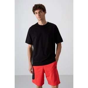 Tommy Life Siyah Pamuklu Kalın Yumuşak Dokulu Oversize Fit Basic Erkek T-Shirt - 88349