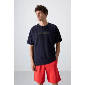 Tommy Life Lacivert Pamuklu Kalın Yumuşak Dokulu Oversize Fit Baskılı Erkek T-Shirt - 88334