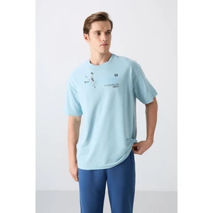 Tommy Life Açık Mavi Pamuklu Kalın Yumuşak Dokulu Oversize Fit Baskılı Erkek T-Shirt - 88344