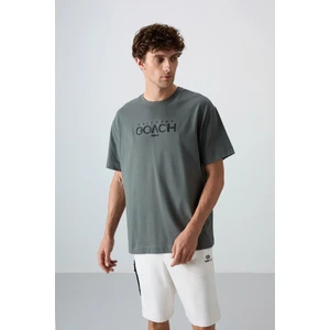 Tommy Life Haki Pamuklu Kalın Yumuşak Dokulu Oversize Fit Baskılı Erkek T-Shirt - 88329