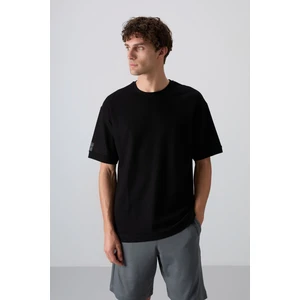 Tommy Life Siyah Pamuklu Kalın Yüzeyi Dokulu Oversize Fit Basic Erkek T-Shirt - 88339