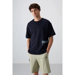 Tommy Life Lacivert Pamuklu Kalın Yumuşak Dokulu Oversize Fit Baskılı Erkek T-Shirt - 88322