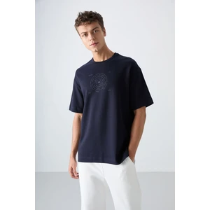 Tommy Life Lacivert Pamuklu Kalın Yumuşak Dokulu Oversize Fit Baskılı Erkek T-Shirt - 88324