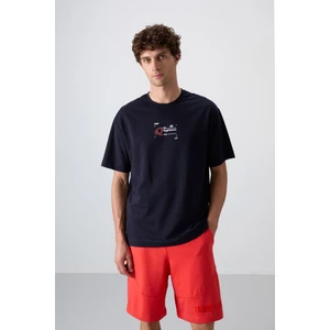 Tommy Life Lacivert Pamuklu Kalın Yumuşak Dokulu Oversize Fit Baskılı Erkek T-Shirt - 88350