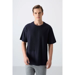Tommy Life Lacivert Pamuklu Kalın Yüzeyi Dokulu Oversize Fit Basic Erkek T-Shirt - 88337