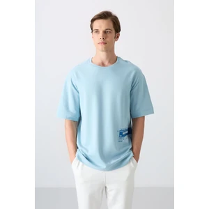 Tommy Life Açık Mavi Pamuklu Kalın Yumuşak Dokulu Oversize Fit Baskılı Erkek T-Shirt - 88322