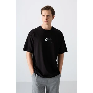 Tommy Life Siyah Pamuklu Kalın Yumuşak Dokulu Oversize Fit Baskılı Erkek T-Shirt - 88350