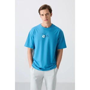 Tommy Life Petrol Mavi Pamuklu Kalın Yumuşak Dokulu Oversize Fit Baskılı Erkek T-Shirt - 88350