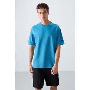 Tommy Life Petrol Mavi Pamuklu Kalın Yüzeyi Dokulu Oversize Fit Basic Erkek T-Shirt - 88340