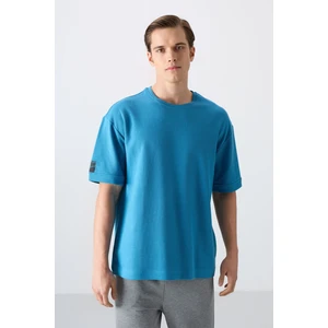 Tommy Life Petrol Mavi Pamuklu Kalın Yüzeyi Dokulu Oversize Fit Basic Erkek T-Shirt - 88339