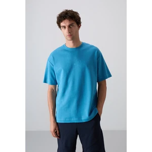 Tommy Life Petrol Mavi Pamuklu Kalın Yumuşak Dokulu Oversize Fit Baskılı Erkek T-Shirt - 88324